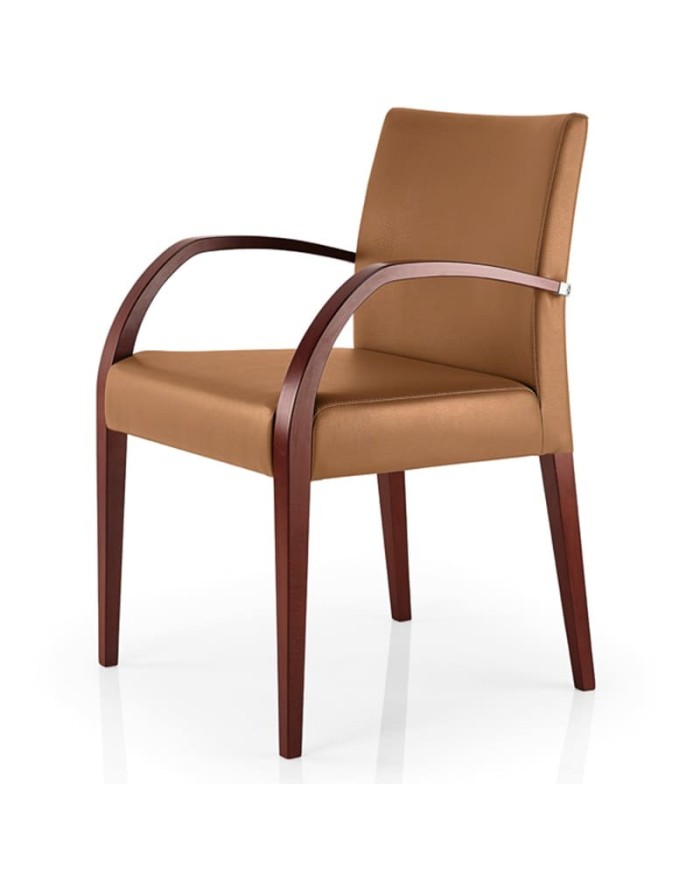 Sillón de madera con asiento y respaldo tapizados con brazos curvados para hogar y hostelería.