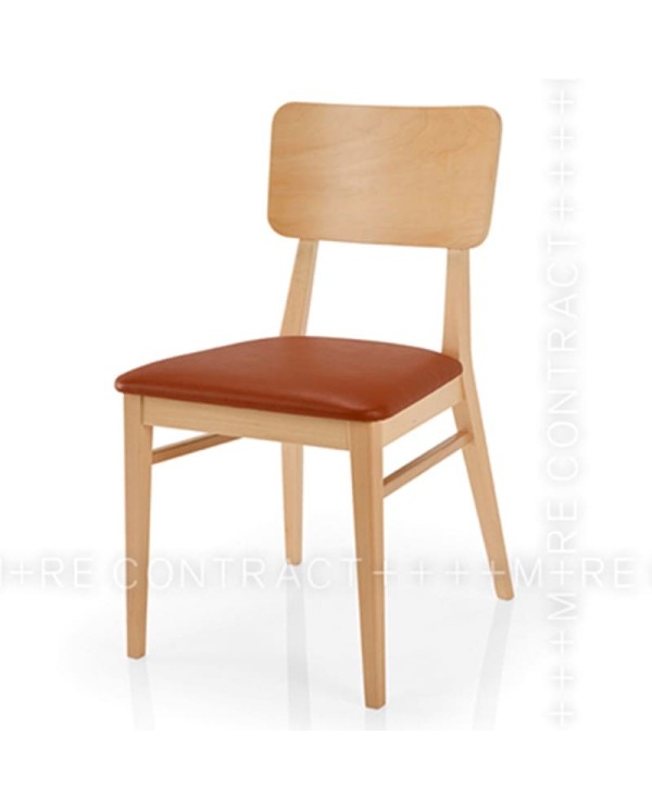 Silla de madera con asiento tapizado y respaldo de madera para hogar y hostelería.