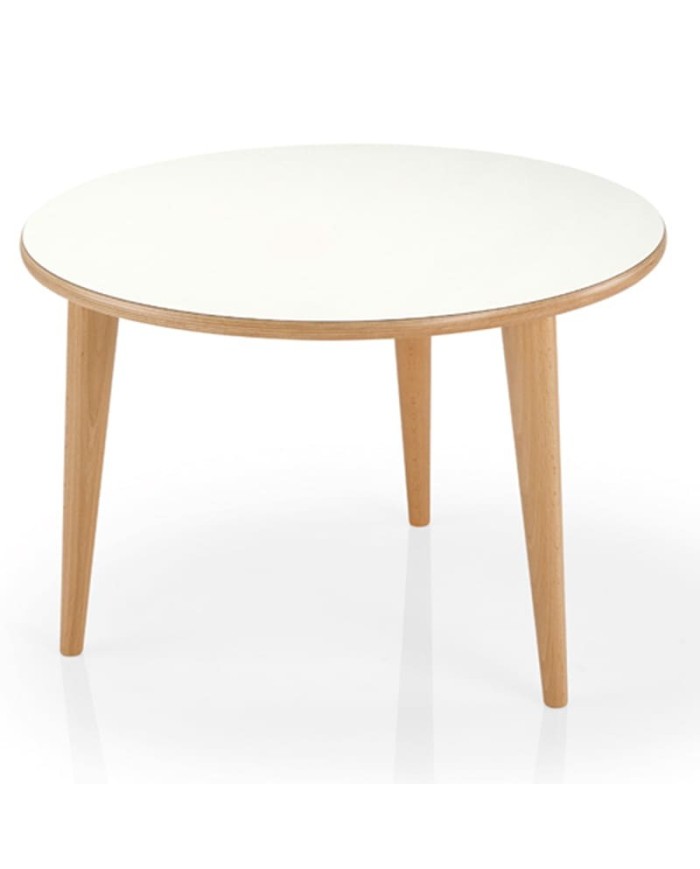 Mesa redonda de madera y polirey para hogar y hostelería.