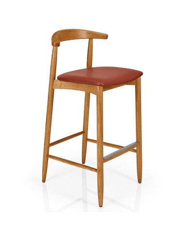 Taburete de madera con asiento tapizado, cómodo y resistente, ideal para hogar, bares, restaurantes y espacios de hostelería.