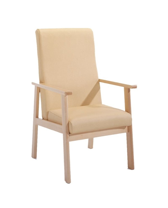 Sillón alto tapizado combinado con madera de haya para residencias y hospitales