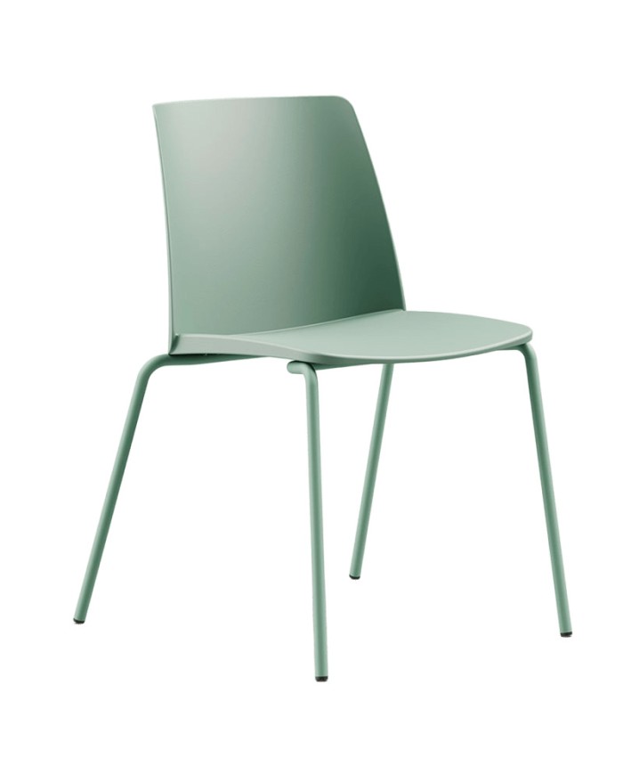Silla Virgo apilable de PVC verde con estructura metálica de 4 patas, disponible en varios colores