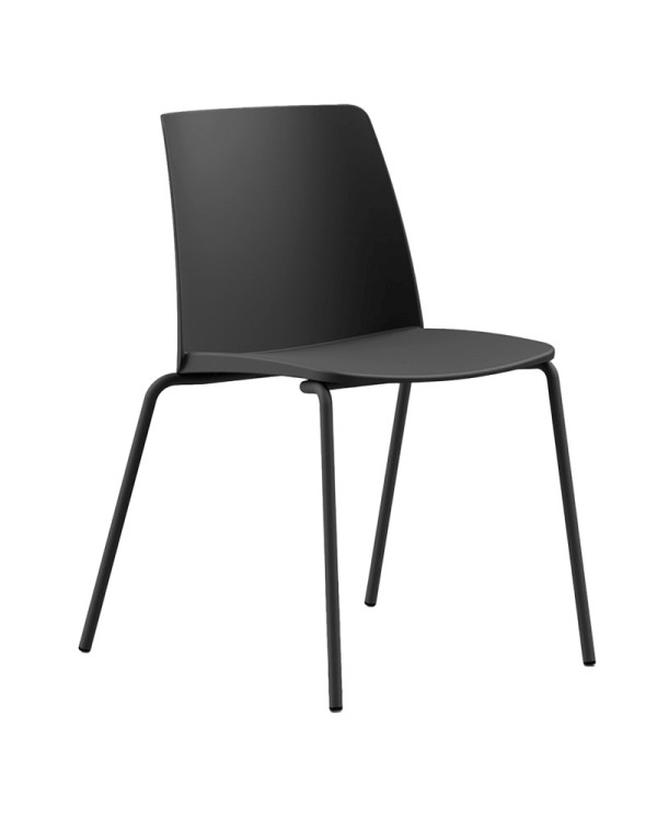 Silla Virgo apilable de PVC negro con estructura metálica de 4 patas, disponible en varios colores