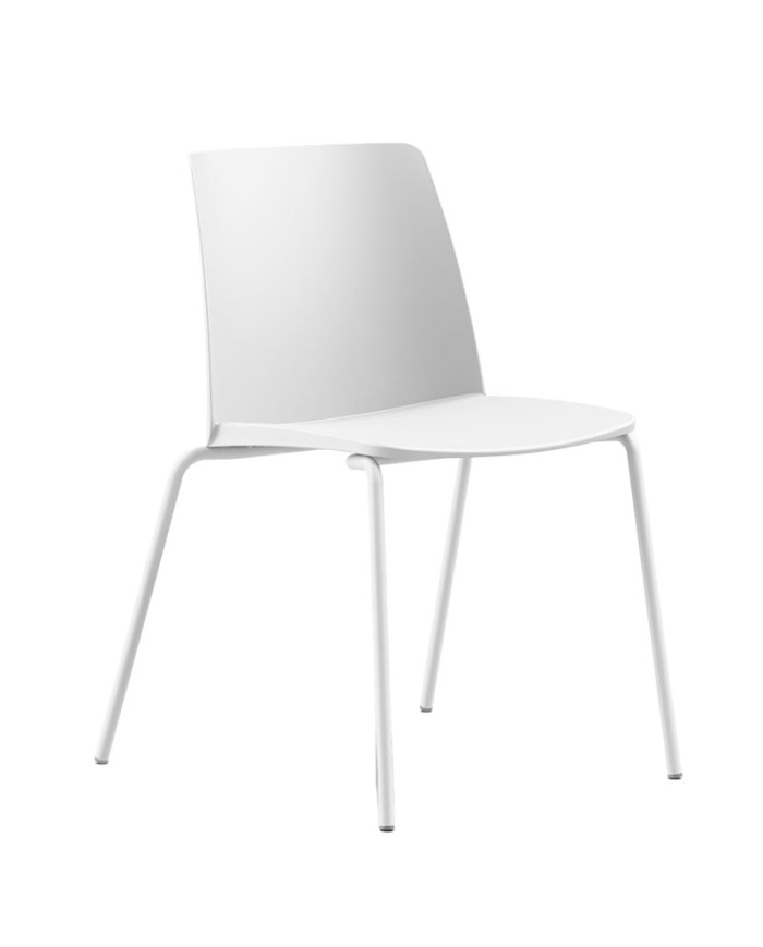 Silla Virgo apilable de PVC blanco con estructura metálica de 4 patas, disponible en varios colores
