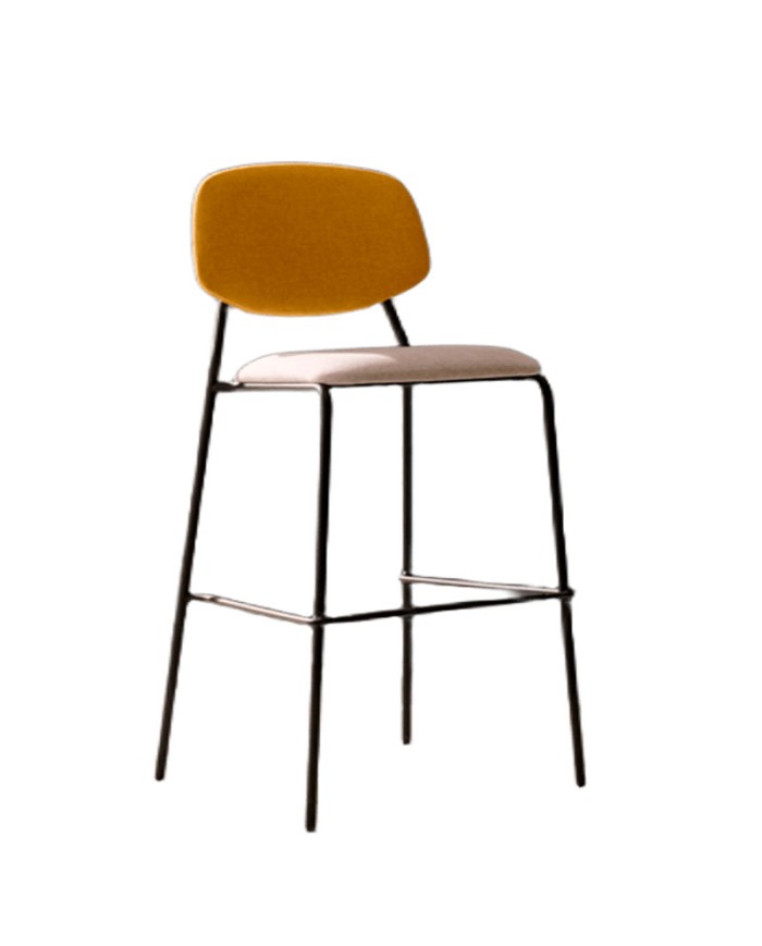 Taburete alto tapizado con estructura de acero de diseño. Para barra de bar y encimera