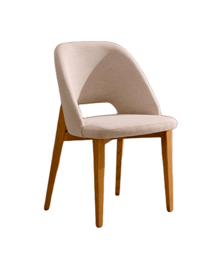 Silla de diseño con apertura en respaldo. Tapizada con madera de fresno. Ideal para hogar y hostelería
