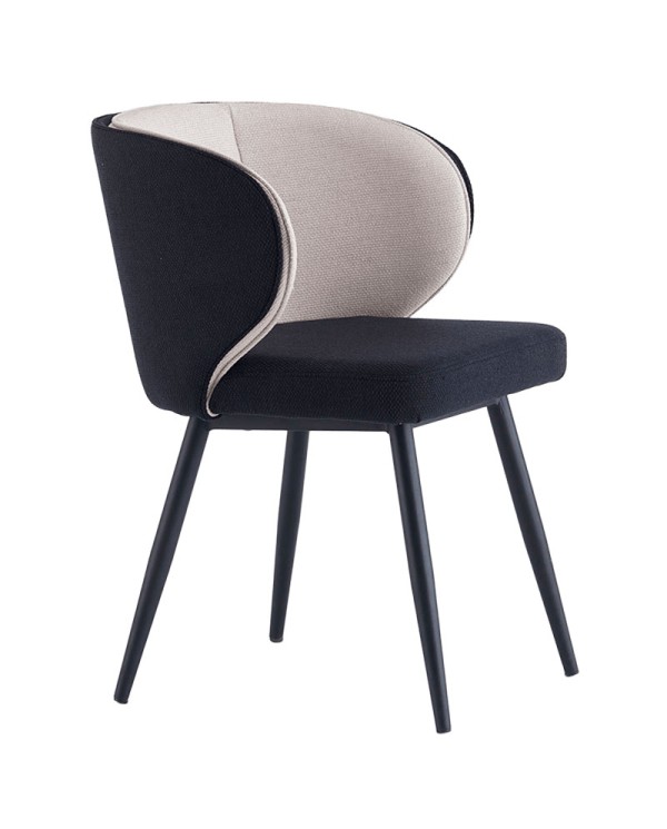 Silla para hogar y hostelería tapizada en tejido beige y negro con patas metálicas cónicas