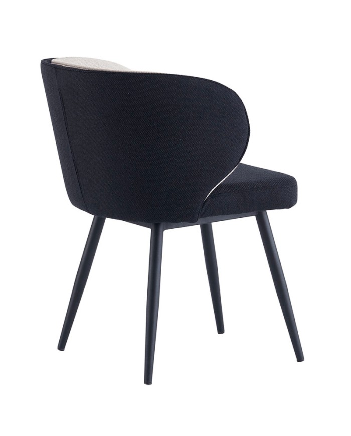 Respaldo de silla para hogar y hostelería tapizada en tejido beige y negro con patas metálicas cónicas