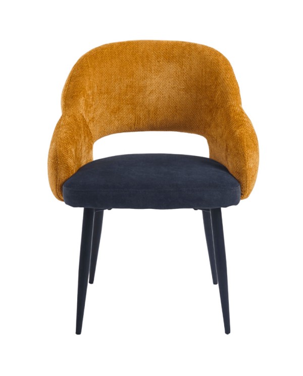 Silla para hogar y hostelería en acabado mostaza y azul con patas metálicas cónicas