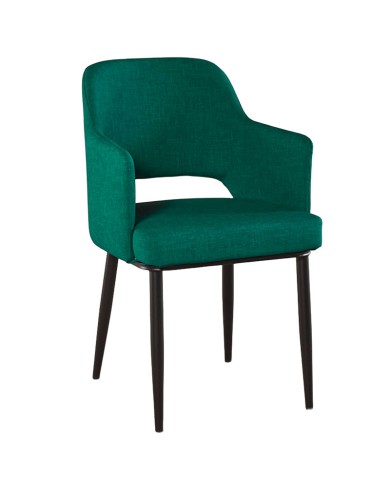 Silla tapizada verde esmeralda con brazos y patas metálicas para restaurante ZA85