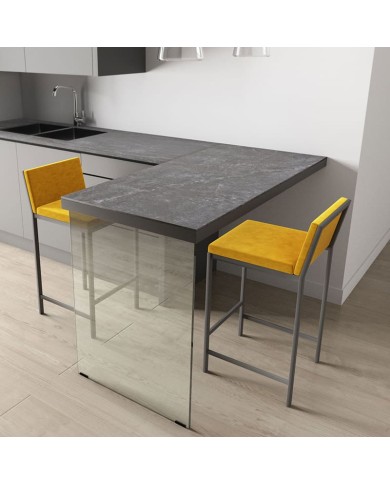 Mesa Fix Cristal Cancio con estructura de cristal y encimera en laminado. Ideal para cocina y hogar