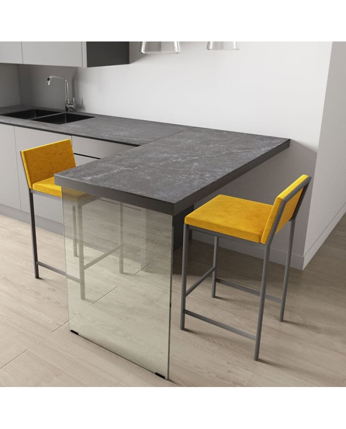 Mesa Fix Cristal Cancio con estructura de cristal y encimera en laminado. Ideal para cocina y hogar