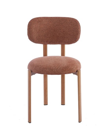 Silla con asiento y respaldo tapizados en rosa café y patas de acero.