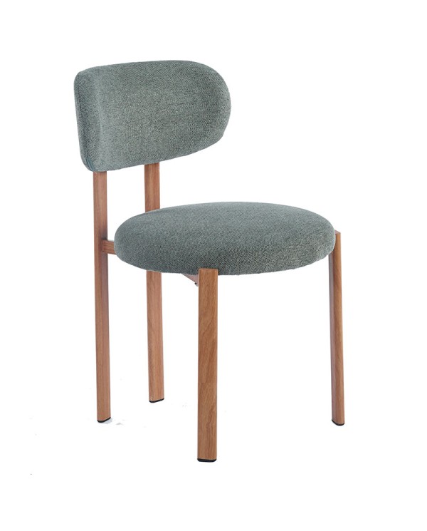 Silla con asiento y respaldo tapizados en verde oliva y patas de acero.