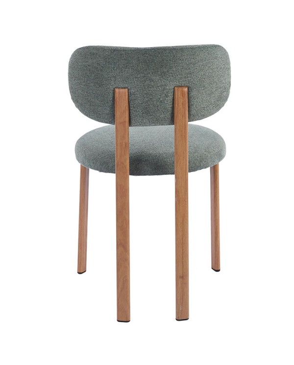 Silla con estructura de acero y tapizado verde oliva para proyectos de interiorismo.