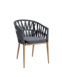 Sillón Cerdeña en metal con respaldo de cuerda y asiento tapizado para hostelería