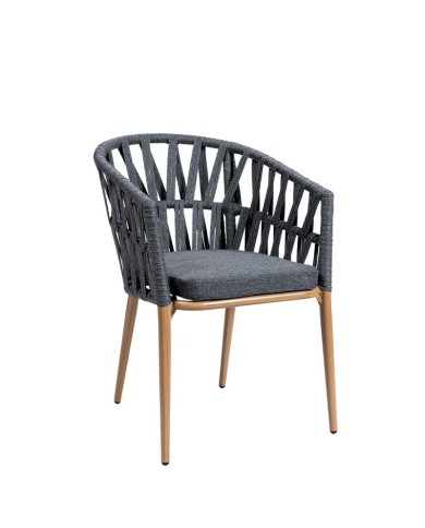 Sillón Cerdeña en metal con respaldo de cuerda y asiento tapizado para hostelería