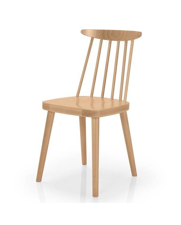 Silla de madera con respaldo en varillas y asiento en madera. Para hostelería y hogar.