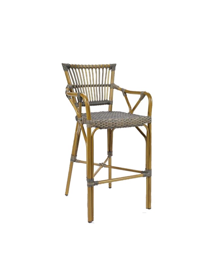 Taburete alto con respaldo Polinesia , en metal con médula. Ideal para barra de bar en hostelería.