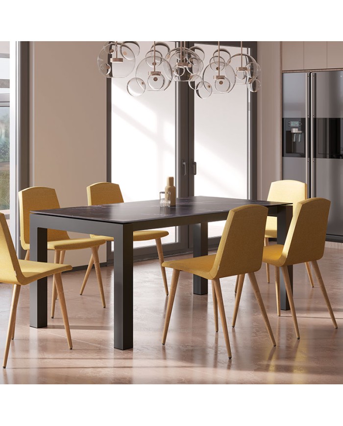 Mesa Fanny extensible de Bailén-BHF con estructura metálica y encimera porcelánica para cocina y comedor.