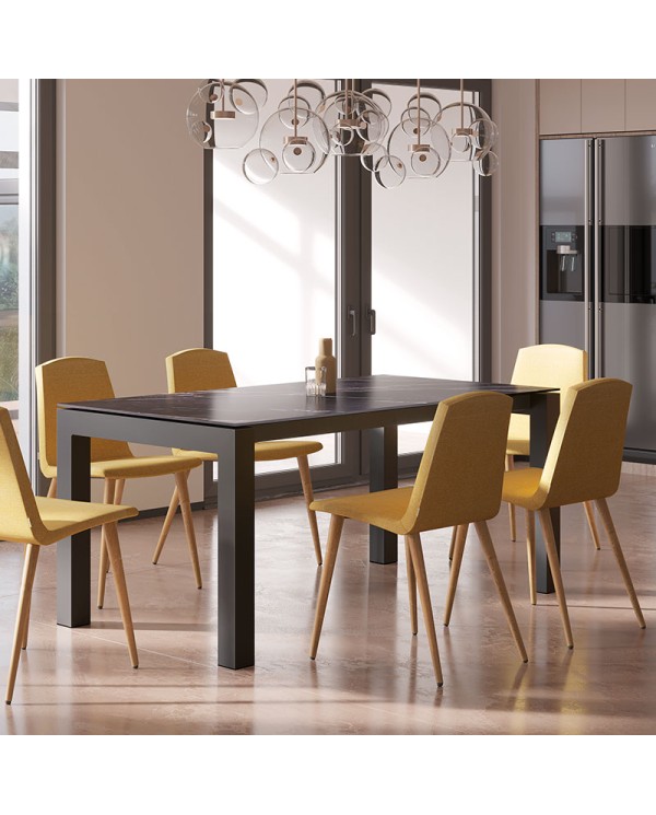 Mesa Fanny extensible de Bailén-BHF con estructura metálica y encimera porcelánica para cocina y comedor.