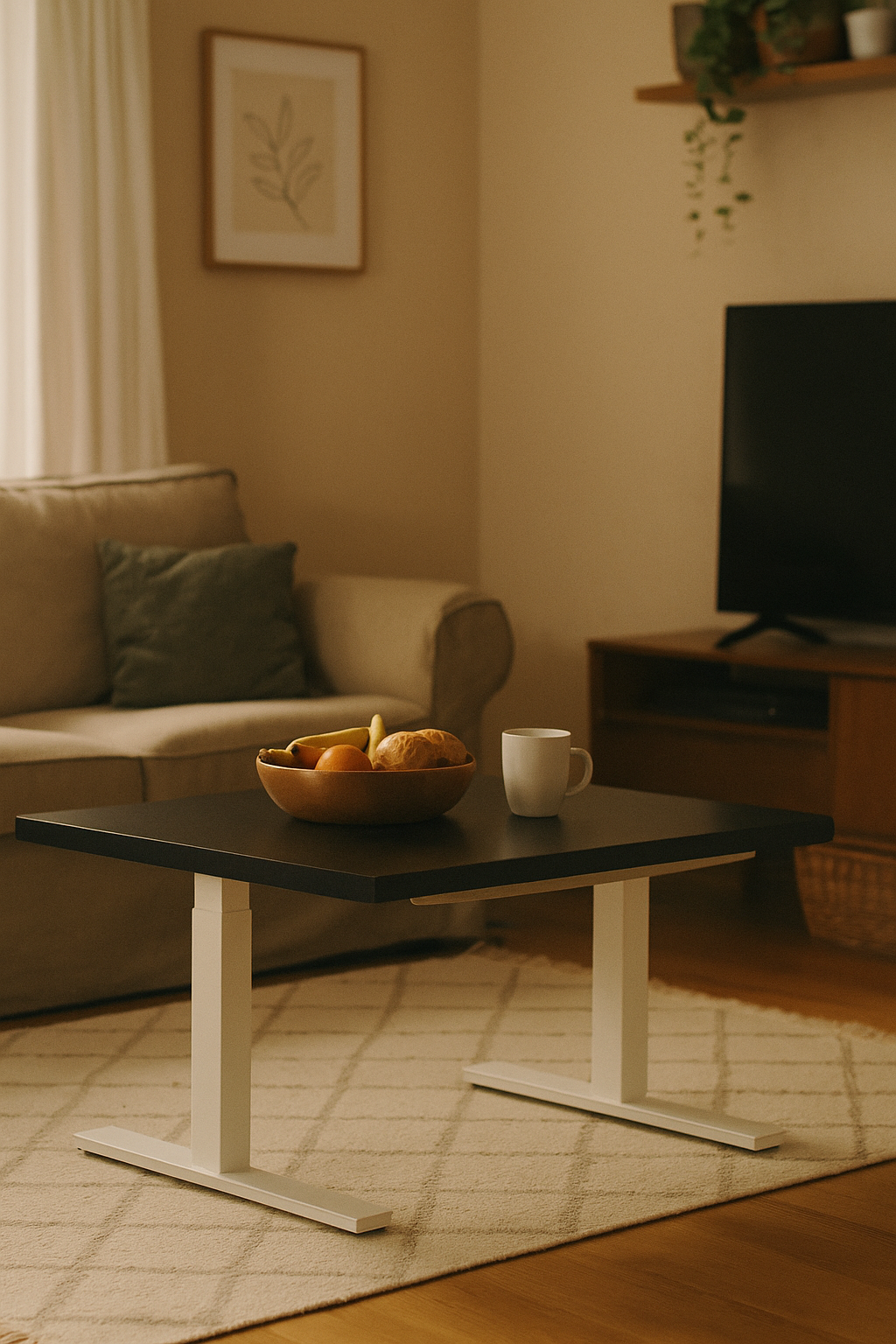 Silla y mesa de madera natural en salón contemporáneo, combinan texturas cálidas con líneas minimalistas para un ambiente acogedor